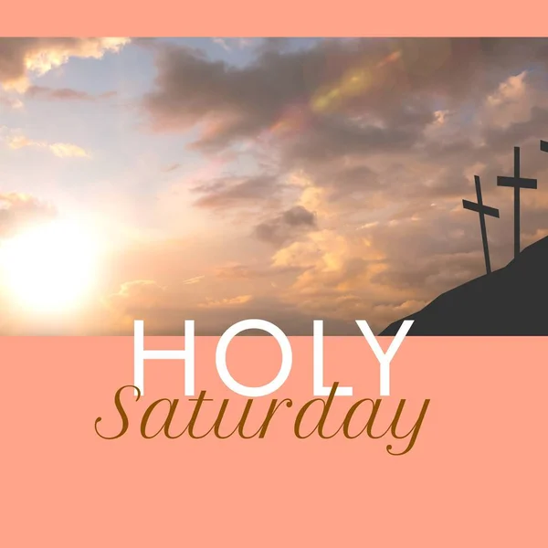 Composite Holy Saturday Text Silhouette Crosses Hill Cloudy Sky Sunset — Stock Photo, Image
