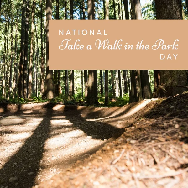 Image of national take a walk in the park day text over forest. National take a walk in the park day and celebration concept digitally generated image.