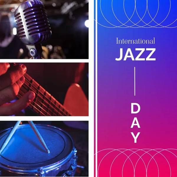 Collage of microphone, drum with sticks, hand playing guitar and international jazz day text. Copy space, musical instrument, abstract, celebration, community, arts and culture concept.