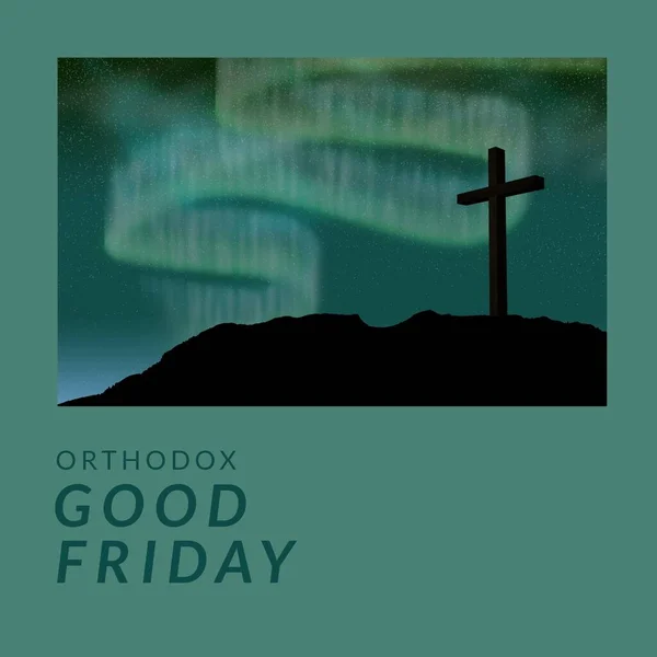 Σύνθετο Ορθόδοξο Κείμενο Της Καλής Παρασκευής Και Σταυρός Στο Βράχο — Φωτογραφία Αρχείου