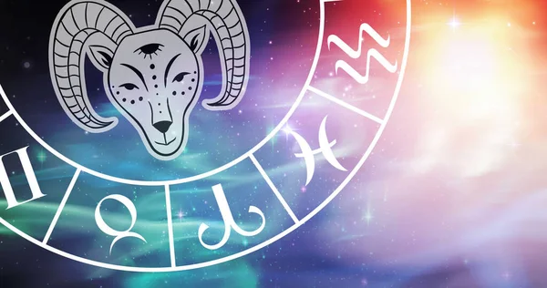 Sammansättning Zodiac Hjul Med Aries Stjärntecken Över Stjärnor Astrologi Horoskop — Stockfoto