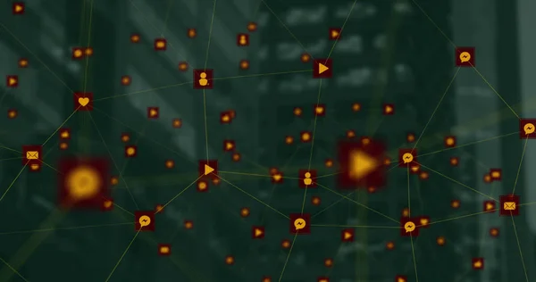 Bild Eines Netzwerks Digitaler Symbole Die Gegen Die Luftaufnahme Hoher — Stockfoto