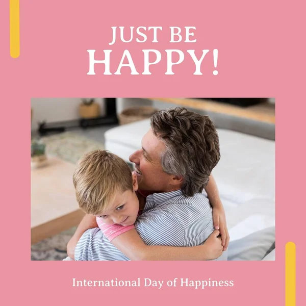Image International Day Happiness Text Happy Caucasian Father Son Embracing — Stock Photo, Image