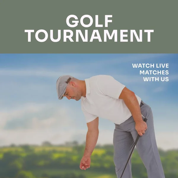 Image of golf tournament text over caucasian male golf player and landscape. Golf tournament and sport concept digitally generated image.