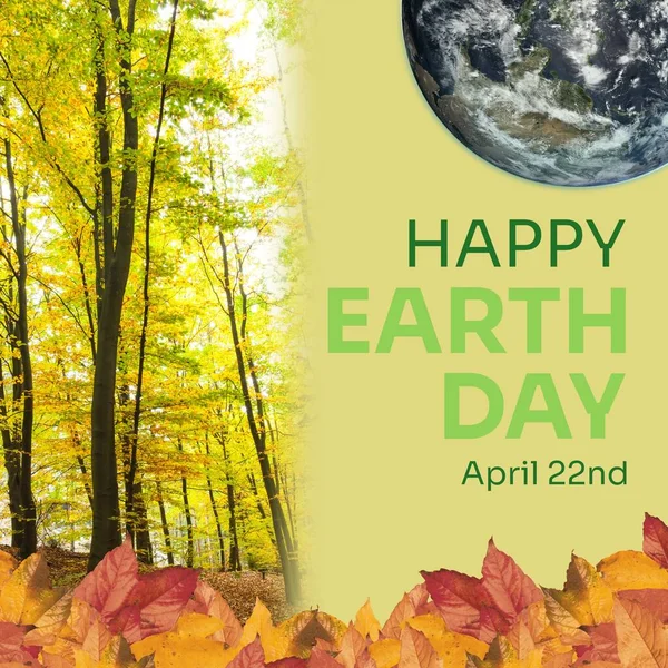 Composite Happy Earth Day April 22Nd Text Autumn Leaves Lush — Stok fotoğraf