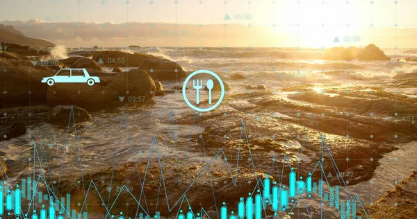 Güneş Manzara Üzerinde Veri Işleme Ekoloji Simgeleriyle Dijital Ekran Görüntüsü — Stok fotoğraf