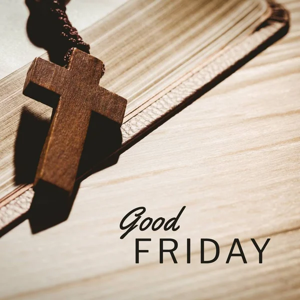 Obrázek Dobrého Pátečního Textu Nad Růžencem Křížem Biblí Dobrý Pátek — Stock fotografie