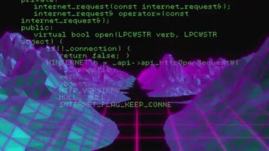 Siyah arka planda dağların 3 boyutlu modelinin bilgisayar dilinin animasyonu. Dijital olarak üretilen hologram, illüstrasyon, manzara, kodlama, makine öğrenme ve teknoloji kavramı.