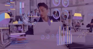 Animation of financial data processing over biracial businesswoman. Global business, finances, computing and data processing concept digitally generated video.
