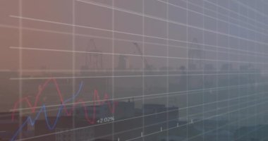 Animation of statistical data processing over grid network against aerial view of cityscape. Business data technology concept