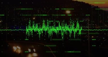 Ses dalgaları ve numaraların sokak ve siluet şehirlerdeki zaman atlamalı araçlar üzerindeki animasyonu. Dijital bileşik, çoklu pozlama, rapor, iş, büyüme, mimari ve teknoloji.