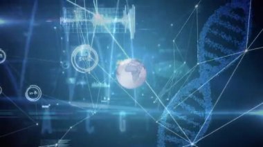 Dönen DNA yapısına karşı bağlantı ağı ve veri işleme ağı üzerinden dünyanın animasyonu. Küresel ağ ve tıbbi araştırma teknolojisi kavramı
