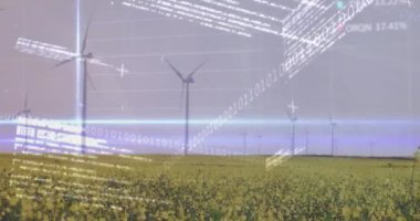 Borsa veri işleme animasyonu ve çayır üzerinde dönen yel değirmenleri üzerinde mavi ışık yolu. Küresel ekonomi ve yenilenebilir enerji teknolojisi kavramı