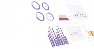 Beyaz arka planda istatistik, grafik ve finansal veri işleme animasyonları. Küresel iş, finans, hesaplama ve veri işleme kavramı dijital olarak oluşturulmuş video.