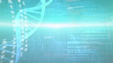 Mavi zemin üzerinde dönen DNA yapısı ve veri işleme üzerinde parlayan ışık izi animasyonu. Tıbbi araştırma ve bilim teknolojisi kavramı