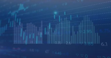 Işıldayan pil simgesi üzerindeki istatistiksel veri işleme animasyonu mavi arkaplan üzerinde. Bilgisayar arayüzü ve iş veri teknolojisi kavramı