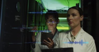 Bilgisayar sunucu odasında çalışan çeşitli erkek ve kadın mühendisler üzerinde veri işleme animasyonu. Bilgisayar arayüzü ve iş veri depolama teknolojisi kavramı