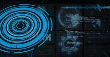 Animation of interface with round scanner and data processing against black background. Computer interface and business technology concept