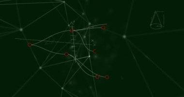Matematiksel denklemlerin animasyonu ve yeşil arka planda yüzen bağlantılar ağı. Okul eğitimi ve iş teknolojisi kavramı