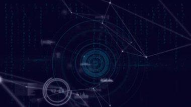 Birbirine bağlı noktaların, grafiğin, ses dalgası simgelerinin dairelerin, harflerin, arkaplandaki numaraların animasyonu. Dijital olarak üretilmiş, hologram, illüstrasyon, iletişim, rapor, iş ve teknoloji kavramı.