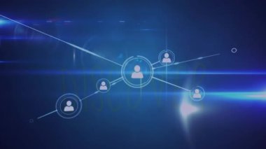 Lens fişeklerinin üzerindeki çizgilerle mavi arkaplana bağlı simgelerin canlandırılması. Dijital olarak üretilmiş, hologram, illüstrasyon, aydınlanma, iletişim ve teknoloji konsepti.