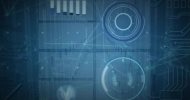 Yuvarlak tarayıcının animasyonu, bağlantı ağı ve sunucu odasına karşı veri işleme. Bilgisayar arayüzü ve iş veri depolama teknolojisi kavramı