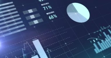 Mavi arkaplandaki ışık noktasıyla istatistiksel veri işleme animasyonu. İş veri teknolojisi kavramı