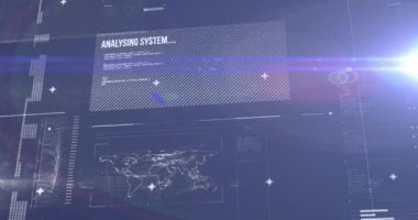 Mavi arkaplandaki ışık noktasıyla veri işleme arayüzünün canlandırması. Bilgisayar arayüzü ve iş veri teknolojisi kavramı