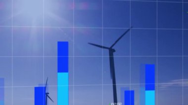 Grafiklerin animasyonu, değişen sayılar, düşük açılı yel değirmenlerinin haritası. Dijital bileşik, çoklu pozlama, rapor, iş, büyüme, sürdürülebilir ve yeşil enerji kavramı.