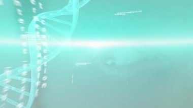 DNA yapısı üzerinde mavi ışık izi animasyonu ve bir gözün kapanmasına karşı ikili kodlama. Tıbbi araştırma bilimi ve siber güvenlik teknolojisi kavramı
