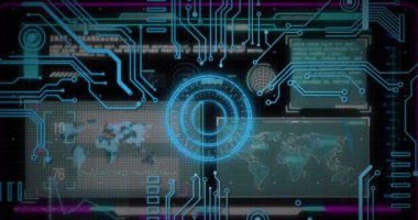 Yuvarlak tarayıcı, mikro işlemci bağlantıları ve veri işleme arayüzünün animasyonu. Bilgisayar arayüzü ve iş teknolojisi kavramı