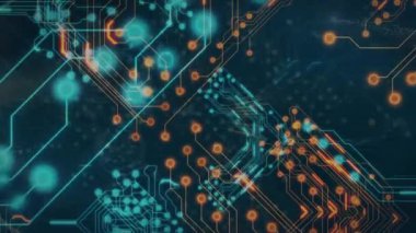 Mavi arka planda ışık noktası ve parlayan mikro işlemci bağlantılarının animasyonu. Bilgisayar arayüzü ve iş teknolojisi kavramı