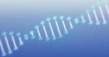 Mavi arka planda dönen DNA sarmalının animasyonu. Dijital olarak üretilen hologram, illüstrasyon, molekül, genetik, anatomi, tıbbi, sağlık ve teknoloji konsepti.