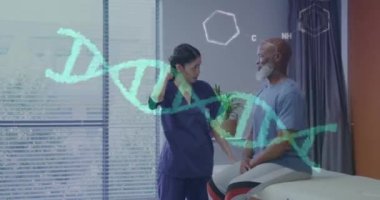 Erkek hastayı tedavi eden kadın fizyoterapist üzerinde DNA ipliği ve tıbbi verilerin animasyonu. Dijital olarak üretilen tıbbi ve sağlık hizmetleri kavramı.