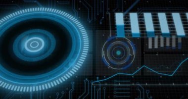 Yuvarlak tarayıcı, mikro işlemci bağlantıları ve veri işleme arayüzünün animasyonu. Bilgisayar arayüzü ve iş teknolojisi kavramı