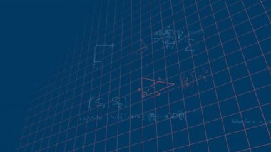 Mavi zemin üzerinde yüzen matematiksel denklemlerin ve diyagramların animasyonu. Okul ve eğitim kavramı