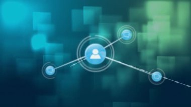 Yeşil arkaplanda yüzen kare şekiller üzerinde dijital simge ağının animasyonu. Küresel ağ ve iş teknolojisi kavramı