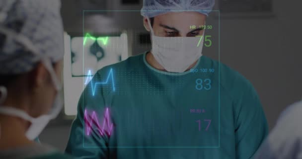 手術室で働く乳児男性外科医に対するバイタルサイン測定のアニメーション ヘルスケアサービスの概念デジタル生成ビデオ — ストック動画