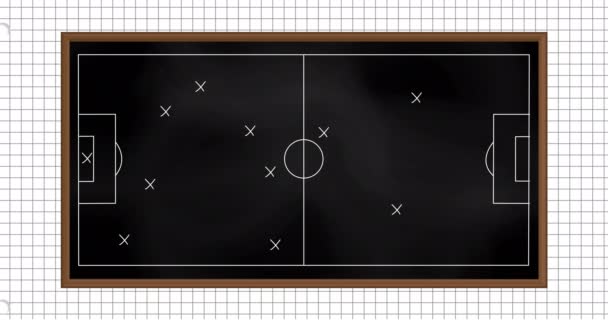 Animace Fotbalové Strategie Čerpané Černé Tabuli Proti Hranaté Linkované Papírové — Stock video