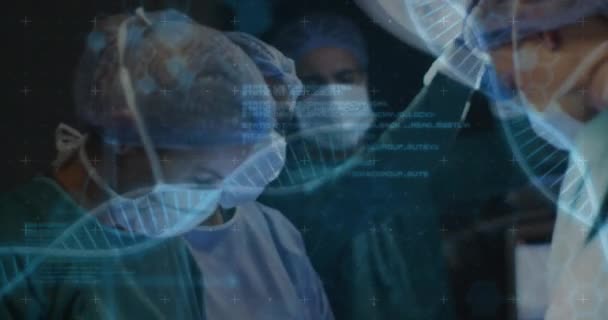 Animation Dna Strand Medical Data Diverse Female Surgeons Operating Patient — Stock Video