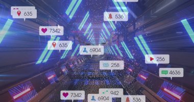 Dijital insan ve dijital tünel üzerinde medya simgeleri ve ikili kodlama. Sosyal medya ve dijital arayüz konsepti dijital olarak oluşturuldu.