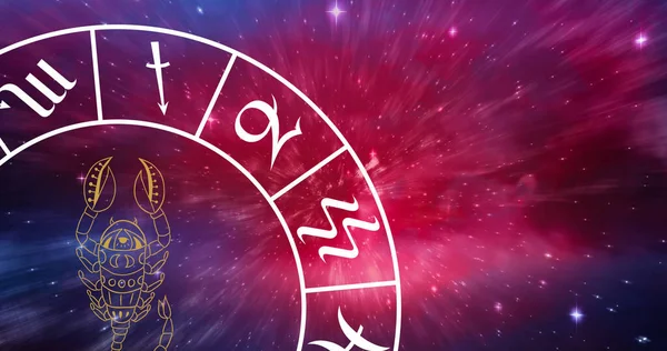 Composición Rueda Del Zodiaco Con Signo Estrella Escorpio Sobre Las — Foto de Stock