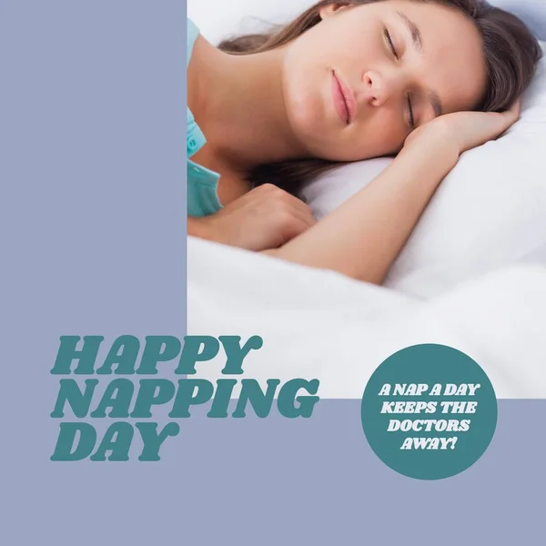 Image Happy Napping Day Text Caucasian Woman Sleeping Bed National — Stock Photo, Image