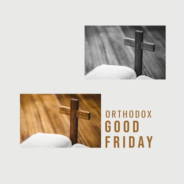 Collage Van Kruis Bijbel Tafel Orthodox Goede Vrijdagtekst Witte Achtergrond — Stockfoto