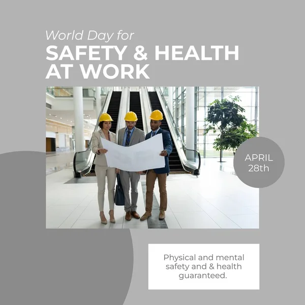 Composition of world day for safety and health at work text with worker wearing helmets. World day for safety and health at work concept digitally generated image.