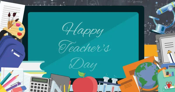 Image of happy teacher\'s day over school items icons on green background. education and learning concept digitally generated image.