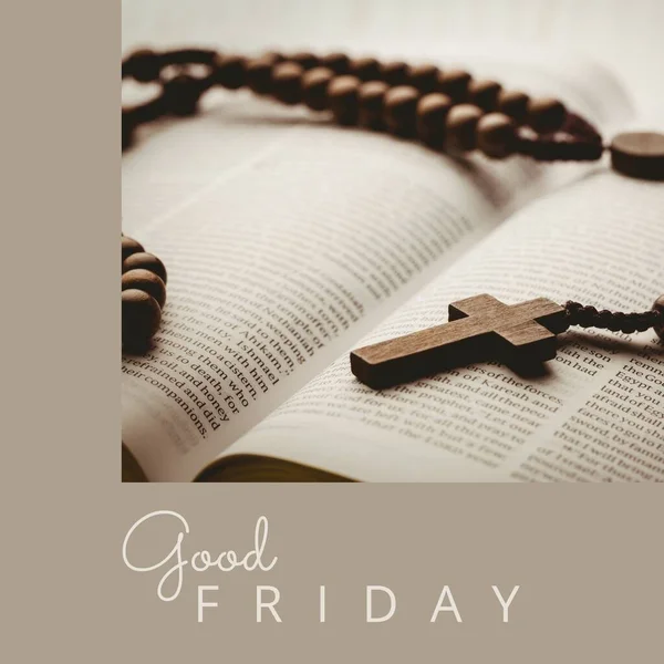 Image of good friday text over rosary with cross and bible. Good friday, faith and celebration concept digitally generated image.