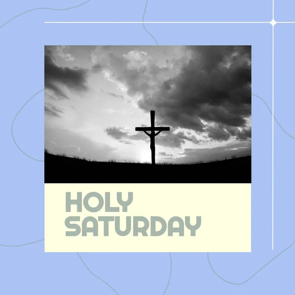 Samengesteld Uit Heilige Zaterdagtekst Silhouet Kruisbeeld Het Land Tegen Bewolkte — Stockfoto
