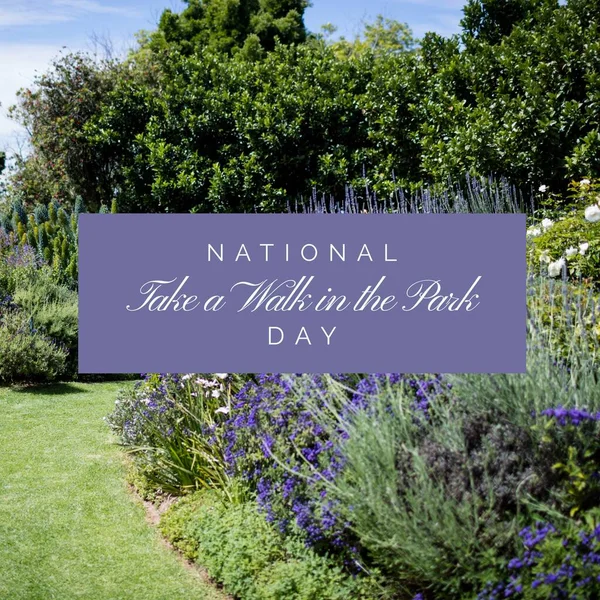 Image of national take a walk in the park day text over booming garden. National take a walk in the park day and celebration concept digitally generated image.