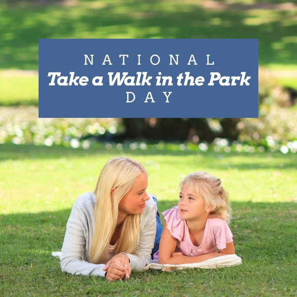 National take a walk in the park day text over happy caucasian mother and daughter in garden. National take a walk in the park day and celebration concept digitally generated image.